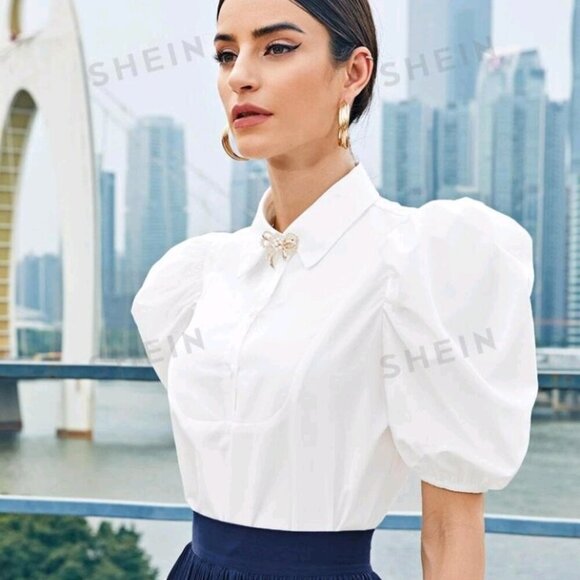 Puff Sleeve Half Button Bow Front Crop Top - Picture 4 of 8